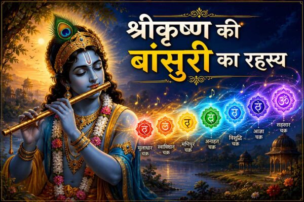 श्रीकृष्ण की बांसुरी का महत्व और सात चक्रों का आध्यात्मिक संबंध दर्शाती छवि