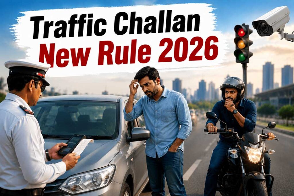 Traffic Challan New Rule 2026 feature image showing e-challan, driving license cancellation after five challans and 50 percent payment rule