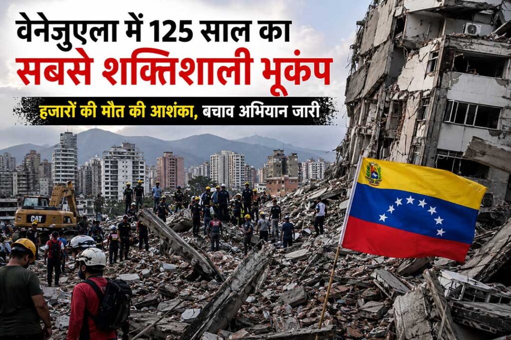 वेनेजुएला में आए 125 साल के सबसे शक्तिशाली भूकंप के बाद राहत और बचाव अभियान चलाते रेस्क्यू कर्मी, चारों ओर मलबा और क्षतिग्रस्त इमारतें।