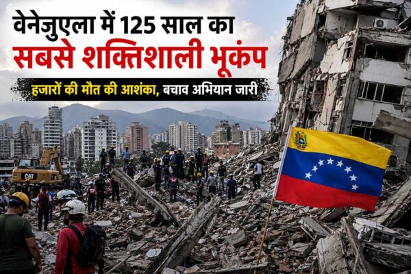 वेनेजुएला में आए 125 साल के सबसे शक्तिशाली भूकंप के बाद राहत और बचाव अभियान चलाते रेस्क्यू कर्मी, चारों ओर मलबा और क्षतिग्रस्त इमारतें।