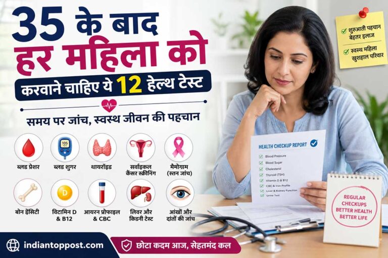 35 साल के बाद महिलाओं के लिए जरूरी हेल्थ चेकअप और मेडिकल टेस्ट की जानकारी दिखाती फीचर इमेज, जिसमें एक महिला अपनी हेल्थ रिपोर्ट देख रही है।