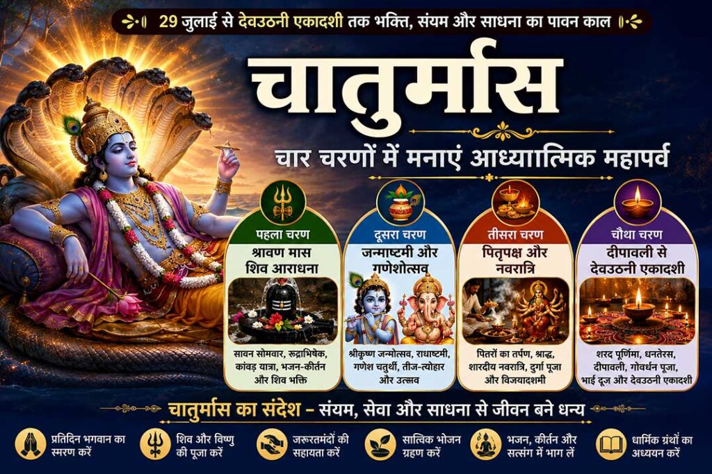 चातुर्मास 2026 फीचर इमेज जिसमें भगवान विष्णु, चार चरण- श्रावण, जन्माष्टमी-गणेशोत्सव, पितृपक्ष-नवरात्रि और दीपावली से देवउठनी एकादशी तक के प्रमुख पर्व दर्शाए गए हैं।