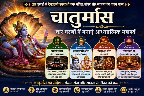 चातुर्मास 2026 फीचर इमेज जिसमें भगवान विष्णु, चार चरण- श्रावण, जन्माष्टमी-गणेशोत्सव, पितृपक्ष-नवरात्रि और दीपावली से देवउठनी एकादशी तक के प्रमुख पर्व दर्शाए गए हैं।