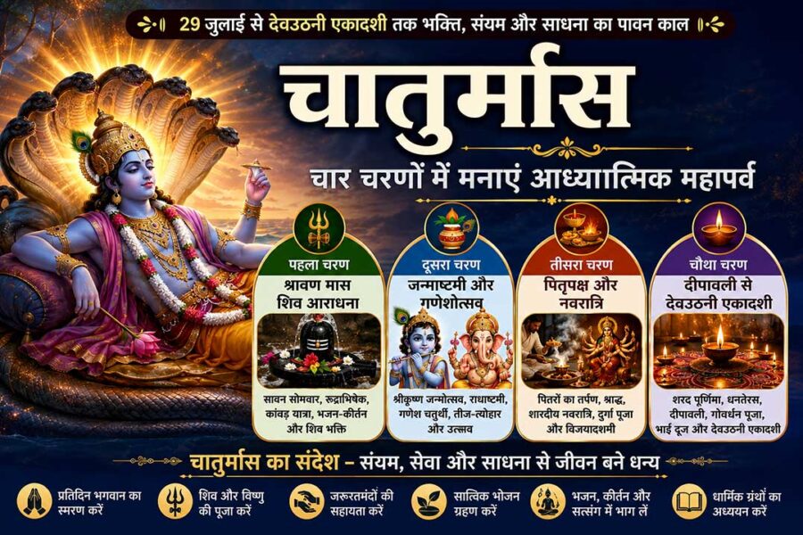 चातुर्मास 2026 फीचर इमेज जिसमें भगवान विष्णु, चार चरण- श्रावण, जन्माष्टमी-गणेशोत्सव, पितृपक्ष-नवरात्रि और दीपावली से देवउठनी एकादशी तक के प्रमुख पर्व दर्शाए गए हैं।