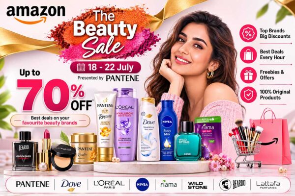 Amazon Beauty Sale 2026 में Pantene, L'Oréal, Dove, Nivea और अन्य प्रमुख ब्यूटी ब्रांड्स पर 70 प्रतिशत तक की छूट का प्रमोशनल बैनर।