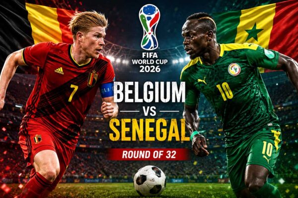 Belgium vs Senegal World Cup 2026 Round of 32 मैच की प्रतीकात्मक फीचर इमेज, जिसमें फुटबॉल मैदान पर बेल्जियम और सेनेगल के बीच रोमांचक मुकाबले को दिखाया गया है।