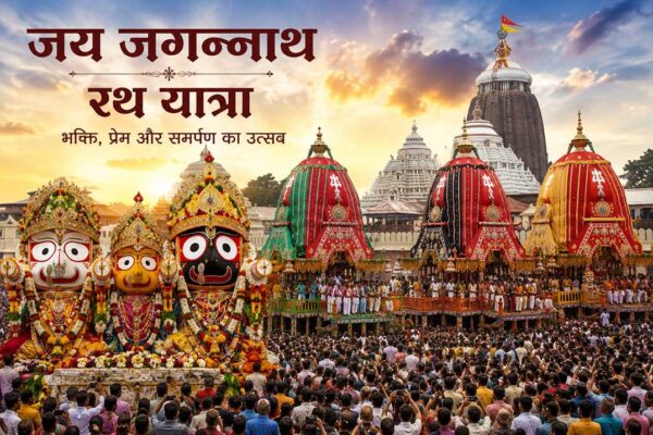 पुरी श्री जगन्नाथ मंदिर के सामने भगवान जगन्नाथ, बलभद्र और सुभद्रा की भव्य रथ यात्रा का आध्यात्मिक दृश्य।