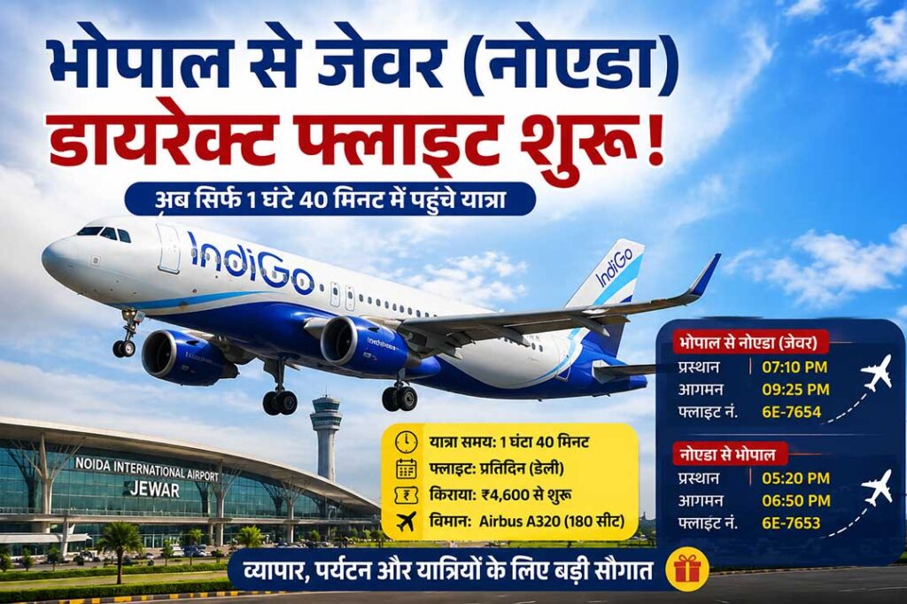 भोपाल से जेवर (नोएडा) के लिए इंडिगो की नई डायरेक्ट नॉन-स्टॉप फ्लाइट को दर्शाती फीचर इमेज, जिसमें विमान और नोएडा इंटरनेशनल एयरपोर्ट दिखाई दे रहा है।