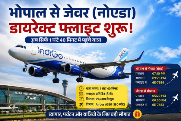 भोपाल से जेवर (नोएडा) के लिए इंडिगो की नई डायरेक्ट नॉन-स्टॉप फ्लाइट को दर्शाती फीचर इमेज, जिसमें विमान और नोएडा इंटरनेशनल एयरपोर्ट दिखाई दे रहा है।