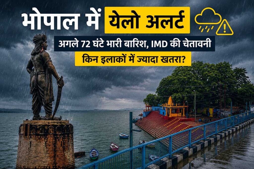 भोपाल में भारी बारिश के येलो अलर्ट के दौरान बड़ा तालाब का दृश्य, IMD की 72 घंटे की चेतावनी और बिजली बिल में राहत को दर्शाती फीचर इमेज।