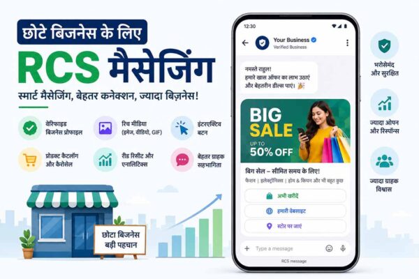 छोटे बिजनेस के लिए RCS मैसेजिंग की जानकारी, जिसमें वेरिफाइड बिजनेस प्रोफाइल, इंटरैक्टिव मैसेज, रिच मीडिया और ग्राहक सहभागिता के फीचर्स दिखाए गए हैं।