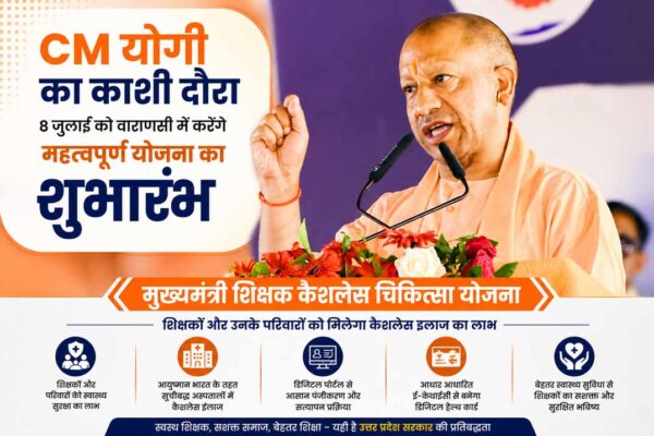 मुख्यमंत्री योगी आदित्यनाथ वाराणसी में शिक्षक कैशलेस चिकित्सा योजना के शुभारंभ से पहले जनसभा को संबोधित करते हुए।