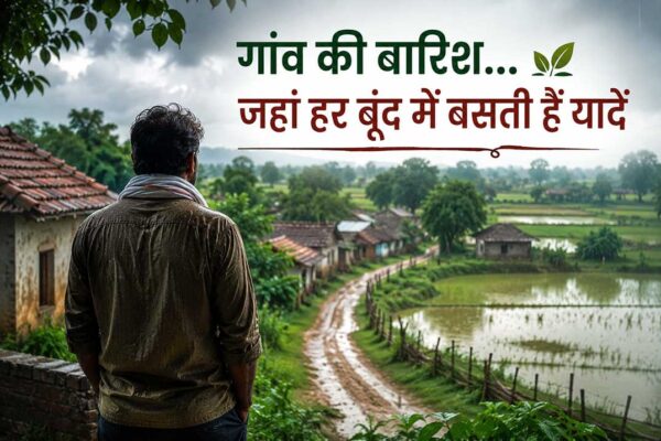 बरसों बाद अपने गांव की बारिश को निहारता एक व्यक्ति, सामने हरियाली, कच्ची सड़क और धान के खेतों का मनमोहक दृश्य।