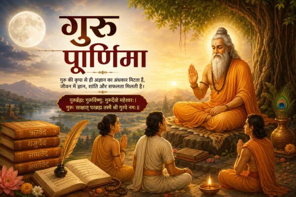 गुरु पूर्णिमा 2026 पर महर्षि वेदव्यास, गुरु पूजा और गुरु-शिष्य परंपरा का प्रतीकात्मक चित्र