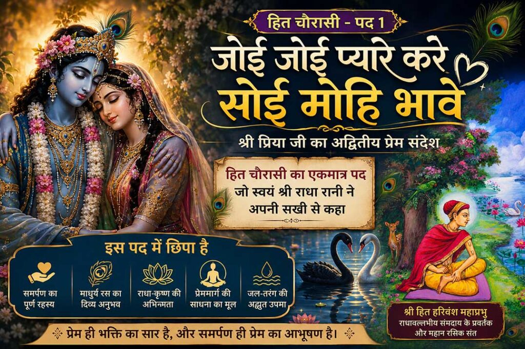 हित चौरासी के प्रथम पद ‘जोई जोई प्यारे करे सोई मोहि भावे’ पर आधारित श्री राधा-कृष्ण और श्री हित हरिवंश महाप्रभु की आध्यात्मिक चित्रकला।