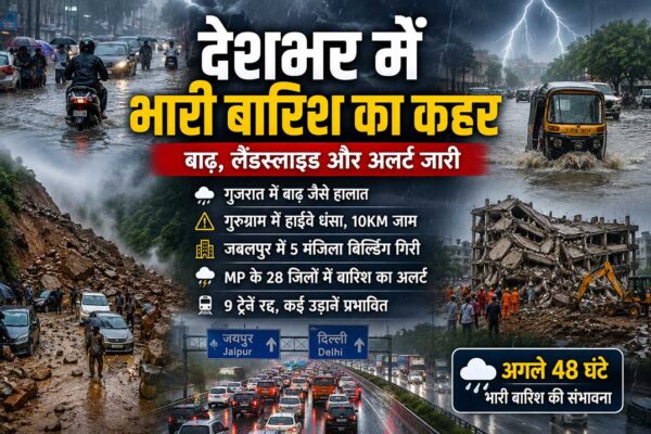 IMD Weather Update: देशभर में भारी बारिश, बाढ़, लैंडस्लाइड और जलभराव की स्थिति को दर्शाती फीचर इमेज, जिसमें गुजरात, गुरुग्राम, मध्य प्रदेश और अन्य राज्यों में मानसून का असर दिखाया गया है।