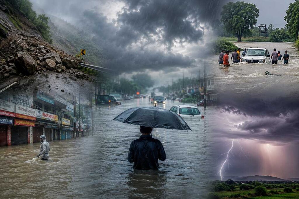 IMD Weather Update July 2026: भारत के विभिन्न राज्यों में भारी बारिश, बाढ़, जलभराव और भूस्खलन की प्रतीकात्मक तस्वीर।