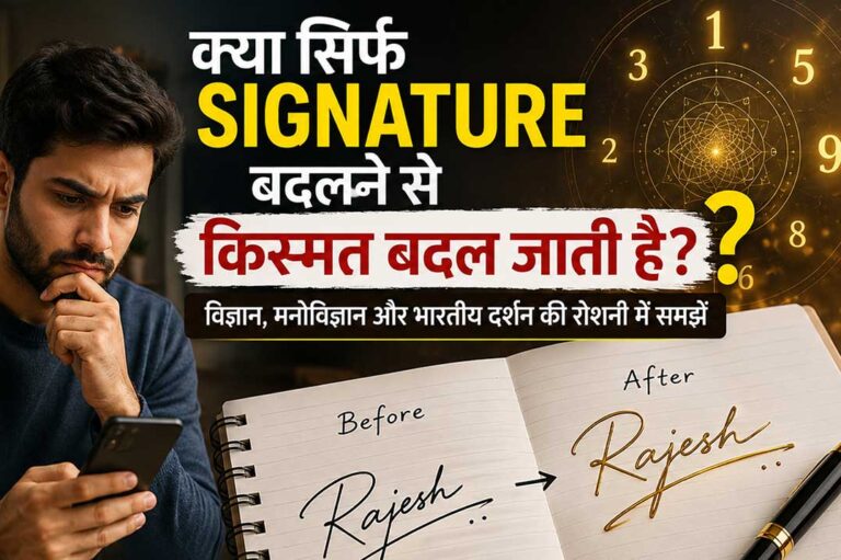मोबाइल पर Signature बदलने से किस्मत बदलने का विज्ञापन देखते हुए सोच में डूबा व्यक्ति