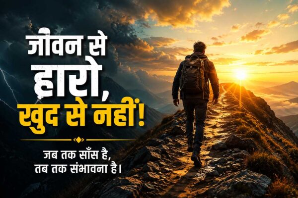 पहाड़ की ओर बढ़ता एक व्यक्ति जो जीवन में संघर्ष, उम्मीद, आत्मविश्वास और कभी हार न मानने की प्रेरणा का प्रतीक है।