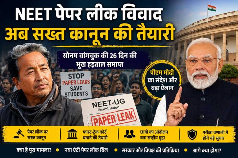 पीएम मोदी के संदेश के बाद सोनम वांगचुक ने 26 दिन की भूख हड़ताल समाप्त की, NEET पेपर लीक पर नए सख्त कानून की तैयारी दर्शाती फीचर इमेज।