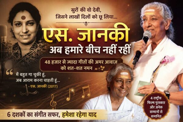 एस. जानकी की श्रद्धांजलि फीचर इमेज, जिसमें उनकी युवा और वरिष्ठ अवस्था की तस्वीरों के साथ उनके निधन पर भावनात्मक संदेश और भारतीय संगीत में उनके योगदान को दर्शाया गया है।