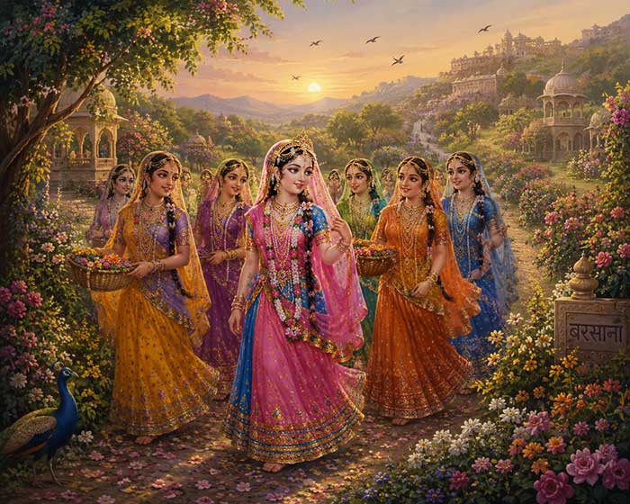 बरसाना की पुष्प-वाटिका में ललिता, विशाखा और अन्य अष्टसखियों के साथ भ्रमण करतीं श्रीराधा रानी का दिव्य मधुर लीला चित्र।