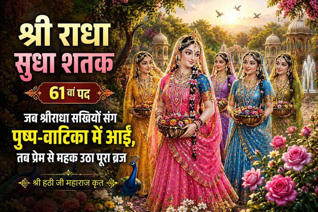 श्री राधा सुधा शतक के 61वें पद में पुष्प-वाटिका की ओर जातीं श्रीराधा रानी अपनी अष्टसखियों के साथ – ब्रज की दिव्य माधुर्य लीला।