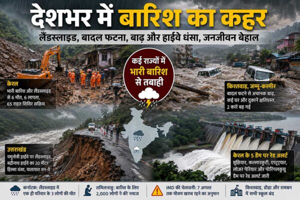 देशभर में भारी बारिश का कहर, केरल और कर्नाटक में लैंडस्लाइड, जम्मू-कश्मीर में बादल फटने और उत्तराखंड में बद्रीनाथ हाईवे धंसने का सांकेतिक दृश्य