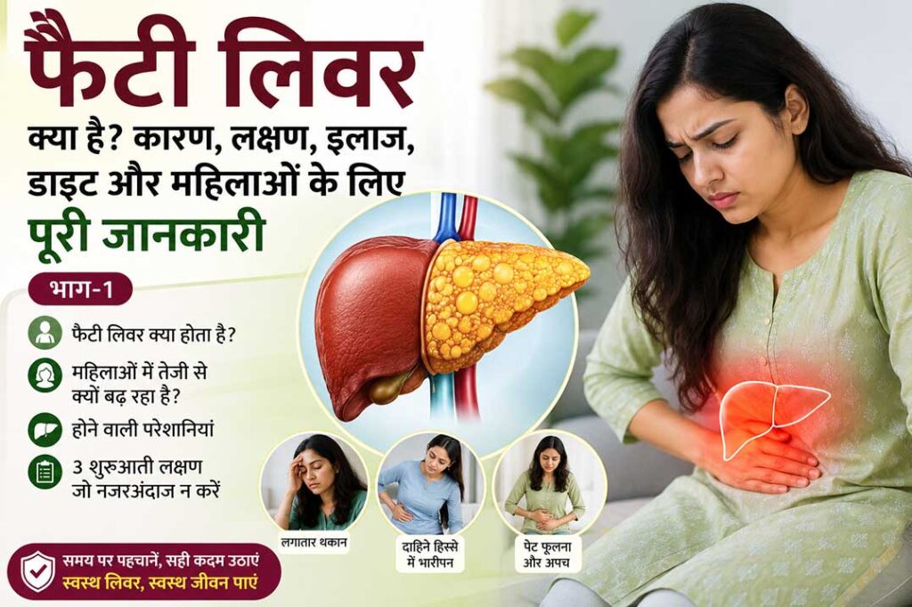 फैटी लिवर क्या है? महिलाओं में फैटी लिवर के कारण, शुरुआती लक्षण और होने वाली परेशानियों को दर्शाती हुई जानकारीपूर्ण तस्वीर।