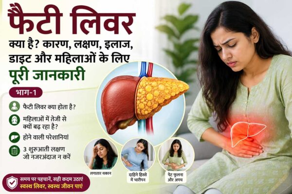 फैटी लिवर क्या है? महिलाओं में फैटी लिवर के कारण, शुरुआती लक्षण और होने वाली परेशानियों को दर्शाती हुई जानकारीपूर्ण तस्वीर।