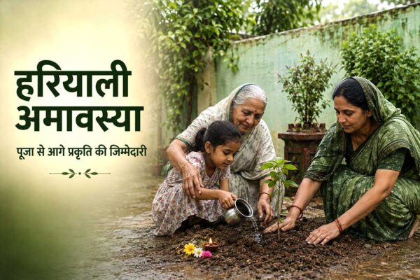 हरियाली अमावस्या पर पौधा लगाकर प्रकृति संरक्षण का संदेश देती तीन पीढ़ियों की महिलाएं