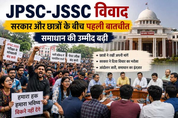 झारखंड में JPSC-JSSC भर्ती परीक्षा विवाद को लेकर प्रदर्शन कर रहे छात्र और सरकार के बीच पहली वार्ता का प्रतीकात्मक दृश्य