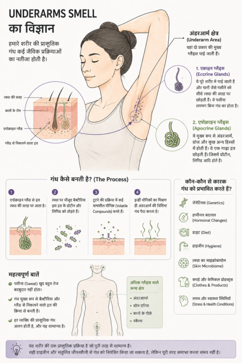 Underarm smell का विज्ञान समझाती infographic, जिसमें sweat glands, skin bacteria और body odor बनने की प्रक्रिया दिखाई गई है