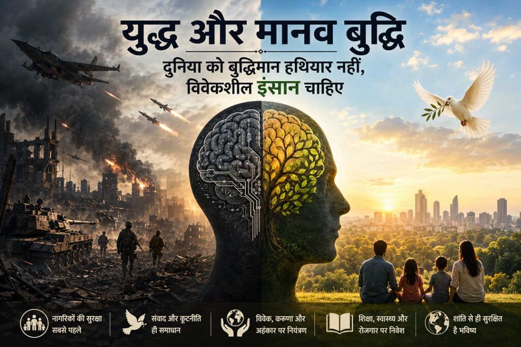 युद्ध और मानव बुद्धि के बीच अंतर दिखाती शांति और विनाश की प्रतीकात्मक तस्वीर